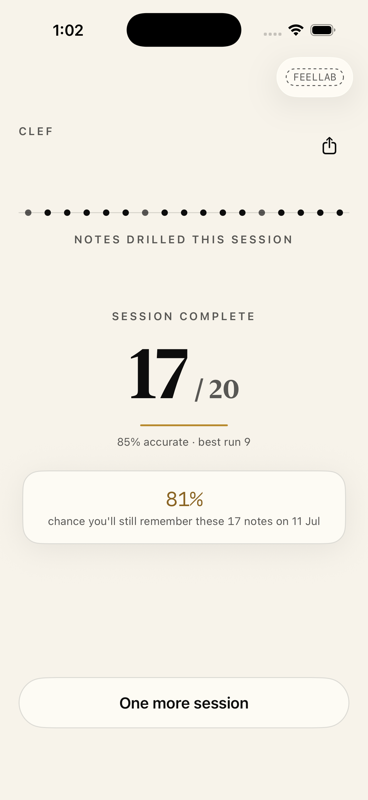 Clef iOS results screen showing score, accuracy, and a recall-forecast percentage